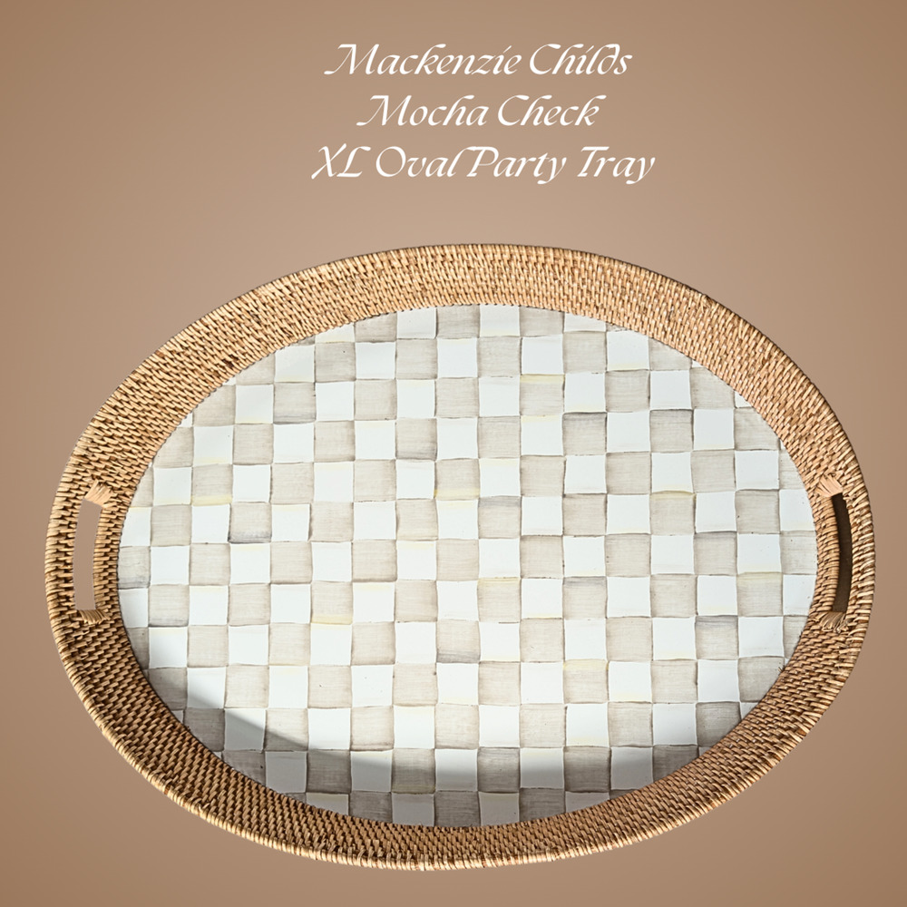 MacKenzie Childs Rattan Enamel Party Serving Tray Mocha Check Oval XL Tan Brown